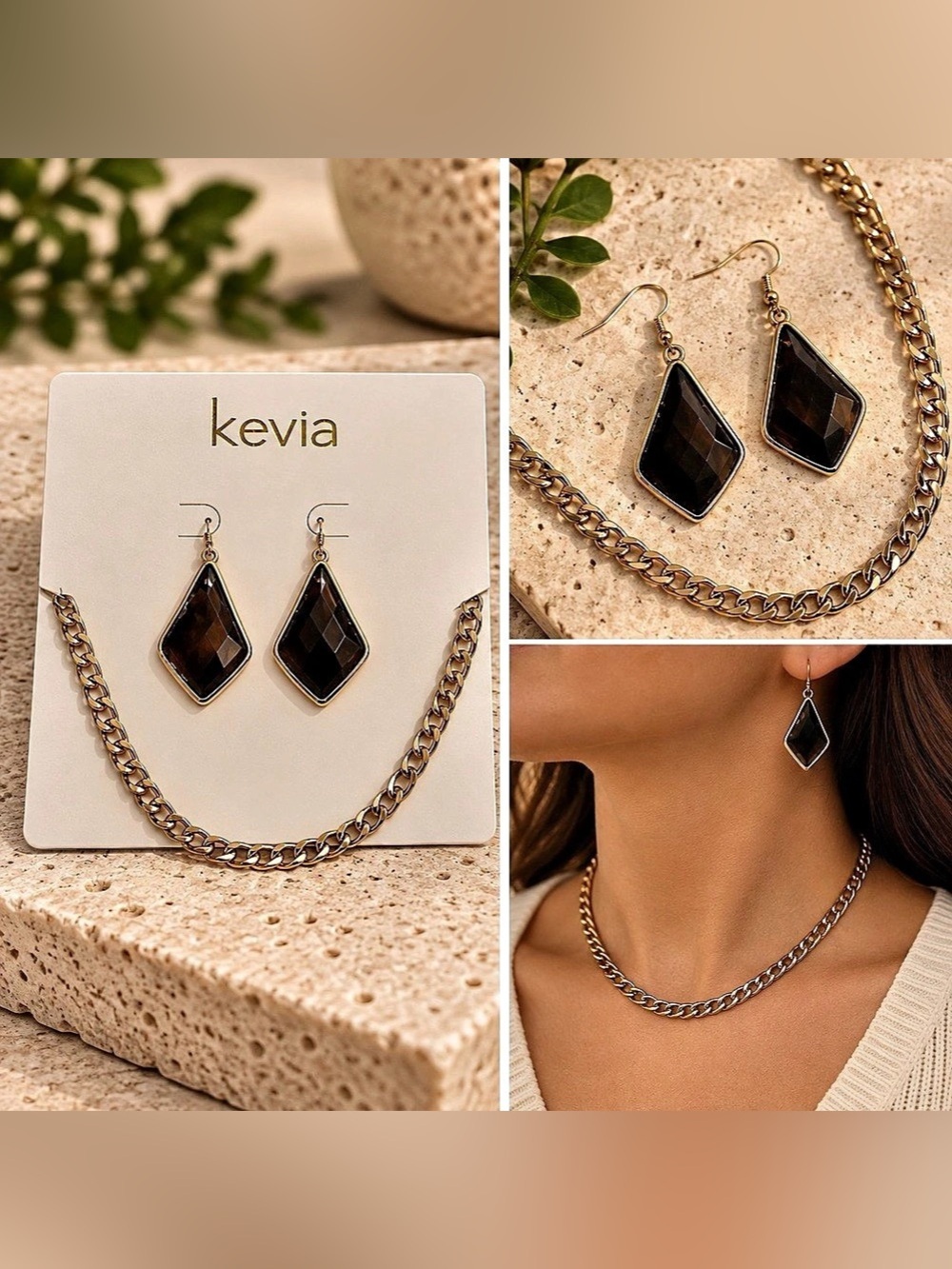 NWT Kevia Gold Chain Necklace & Faceted Drop Earrings Set